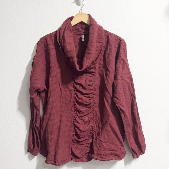 Khangura Shirt Medium Red Burgundy Linen Cowl USA Long Sleeve Ruched Lagenlook - Picture 1 of 6